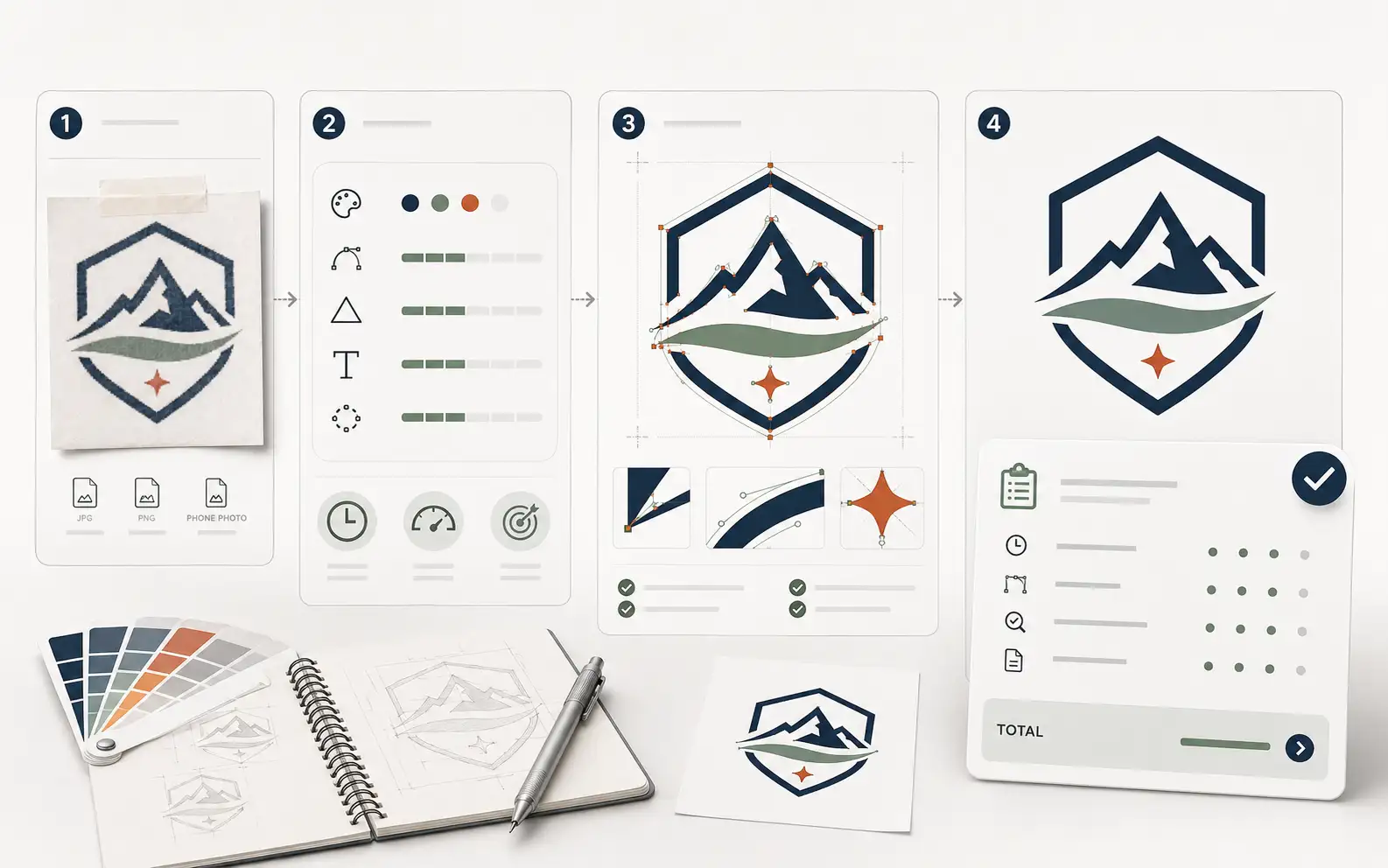 A shop invoice line item for logo vectorization beside a cost-of-goods breakdown A shop invoice line item for logo vectorization beside a cost-of-goods breakdown