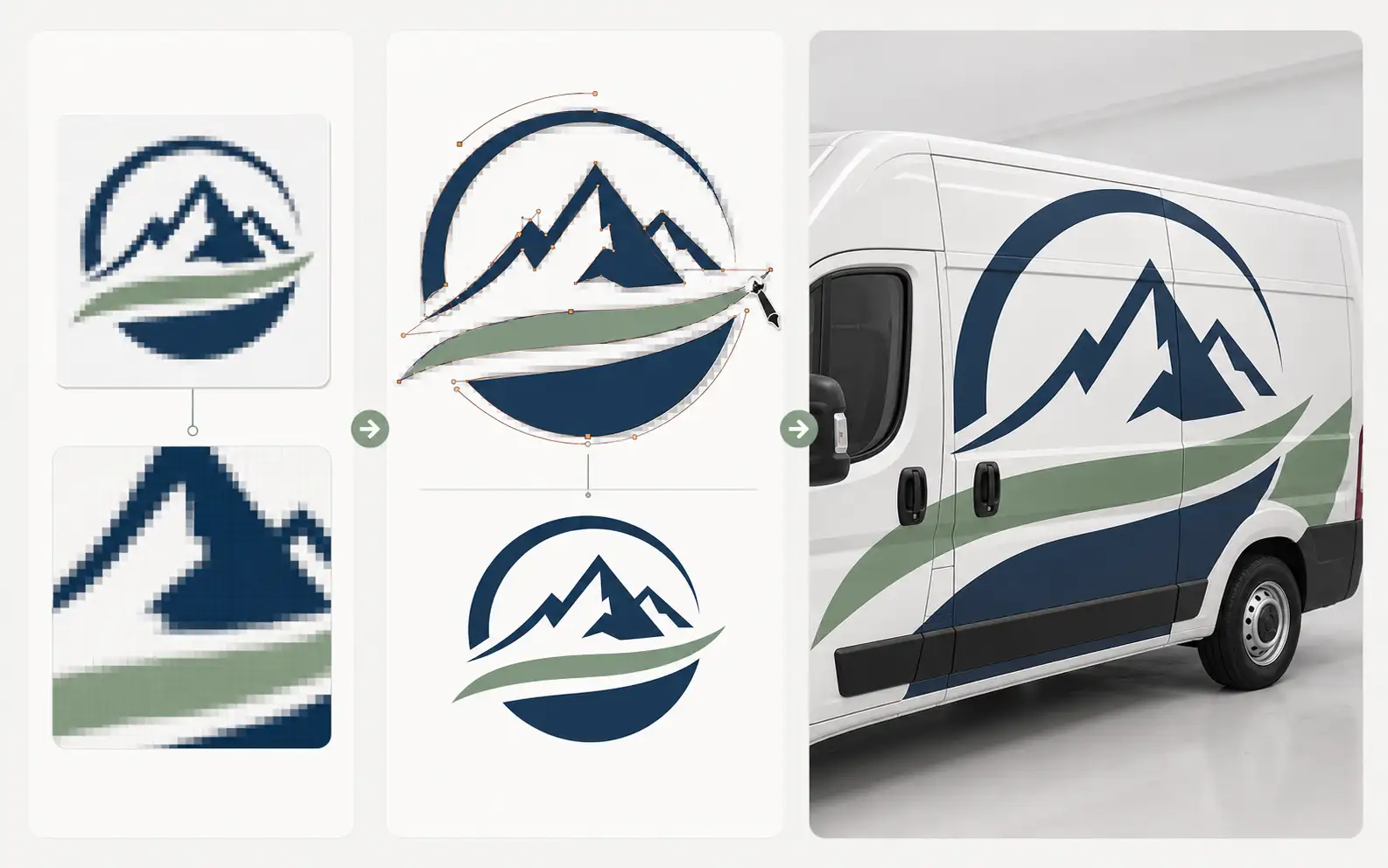 A raster logo redrawn as clean vector paths that stay sharp at wrap scale A raster logo redrawn as clean vector paths that stay sharp at wrap scale