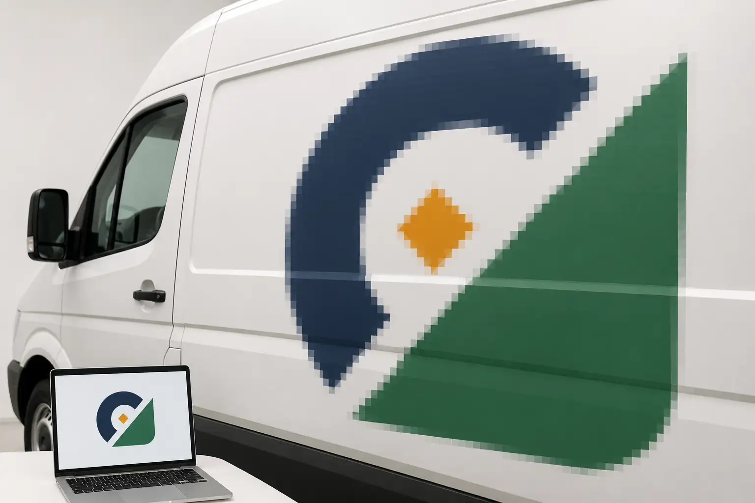 A logo shown crisp on a phone screen and pixelated at full size on a vehicle door A logo shown crisp on a phone screen and pixelated at full size on a vehicle door