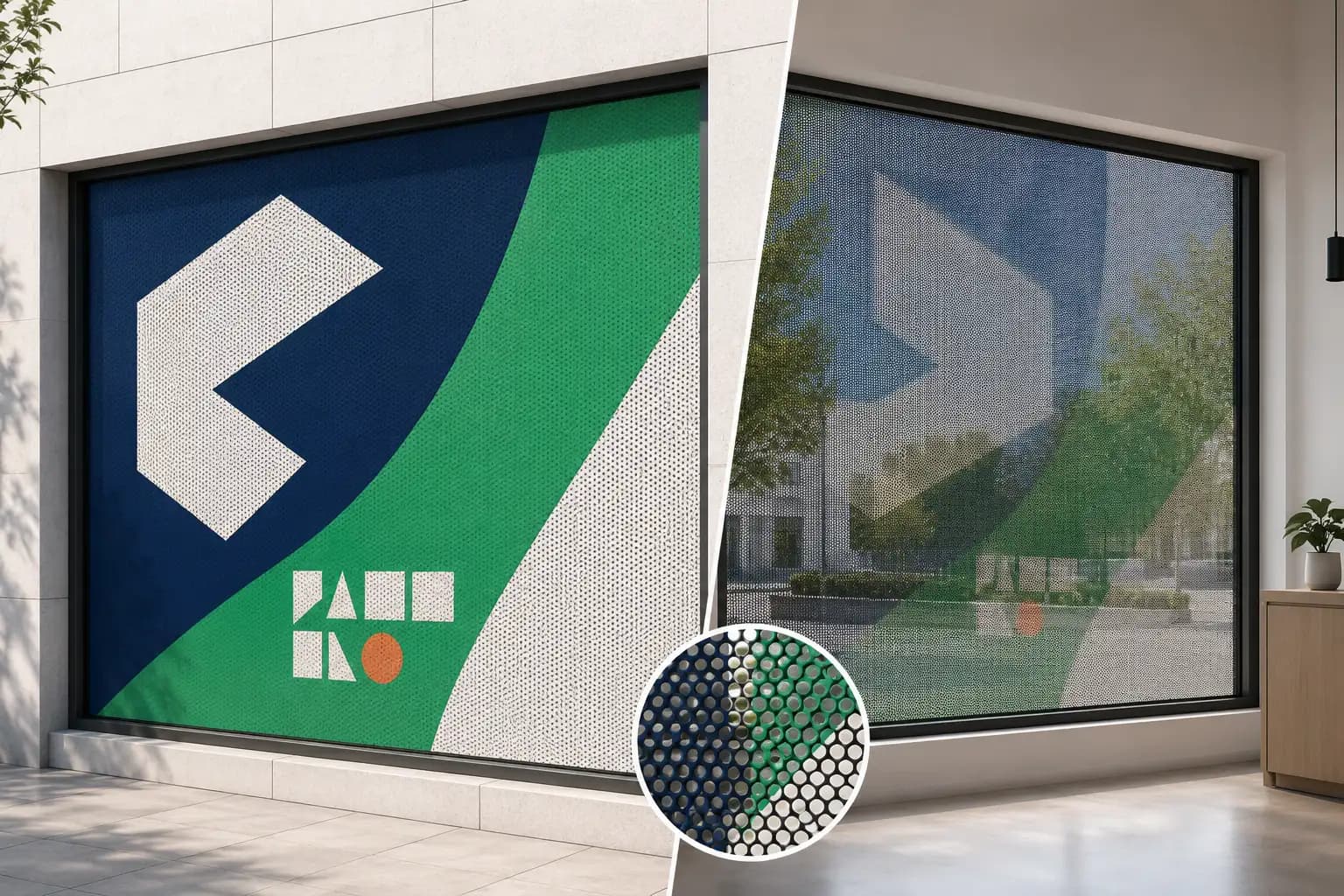 A perforated one-way-vision window graphic sized to a glass opening A perforated one-way-vision window graphic sized to a glass opening