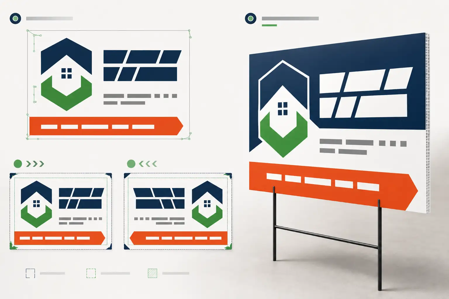 A coroplast yard sign layout with bleed, safe margin, and stake orientation marked A coroplast yard sign layout with bleed, safe margin, and stake orientation marked
