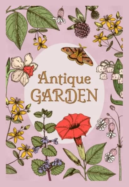 Carte vintage Antique Garden, avec un papillon de nuit, une fleur trompette et le titre Carte vintage Antique Garden, avec un papillon de nuit, une fleur trompette et le titre