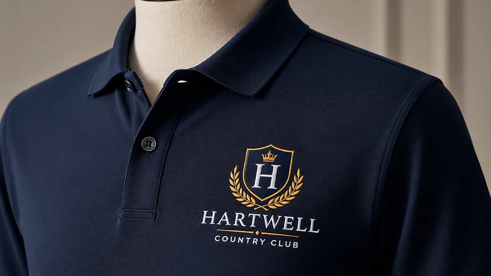 Logo du Hartwell Country Club brodé sur un polo bleu marine Logo du Hartwell Country Club brodé sur un polo bleu marine