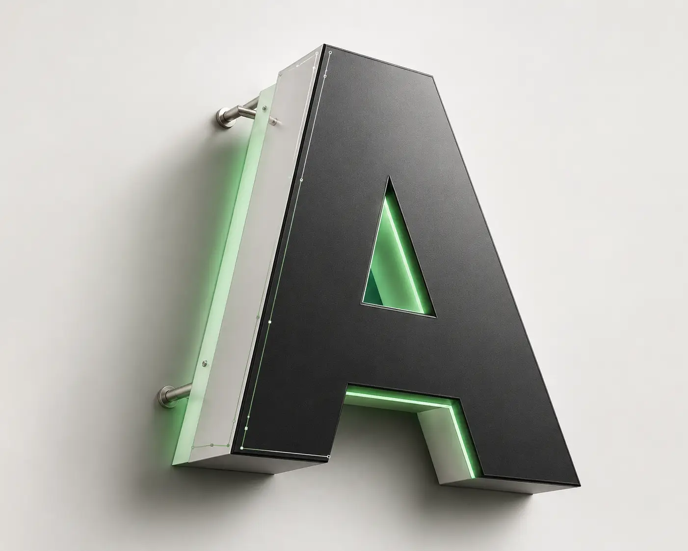 Lettre boîtier A rétroéclairée en halo avec fond LED vert et tracés vectoriels de production Lettre boîtier A rétroéclairée en halo avec fond LED vert et tracés vectoriels de production