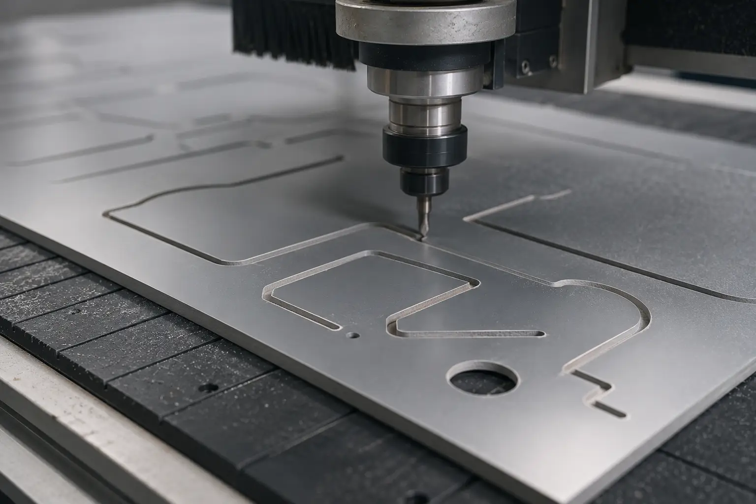 A laser cutter mid-cut on an acrylic panel