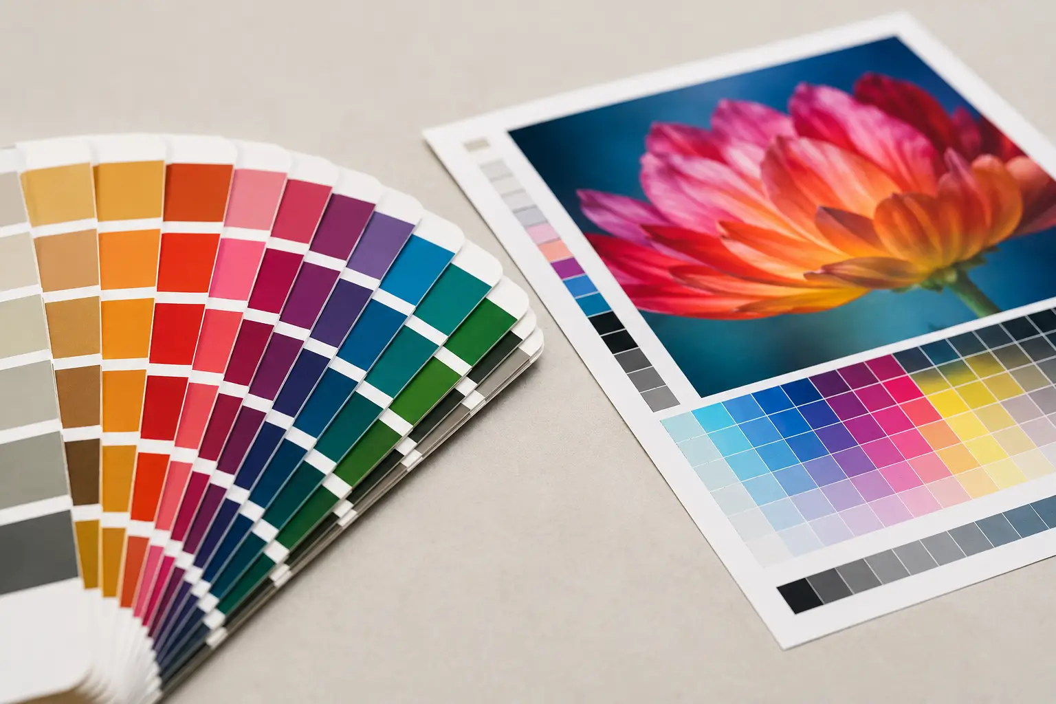 A Pantone swatch book beside a printed proof