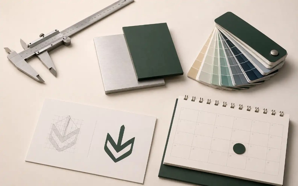 Pantone swatches, calipers, and logo color specs on a design desk