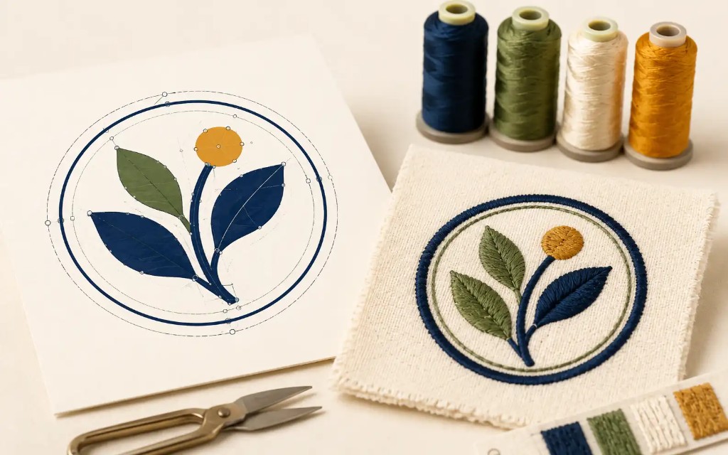 Flat vector flower design beside the embroidered stitch path version