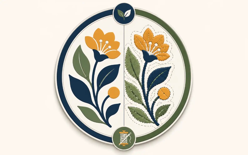 Vector artwork beside the finished embroidered patch with thread spools