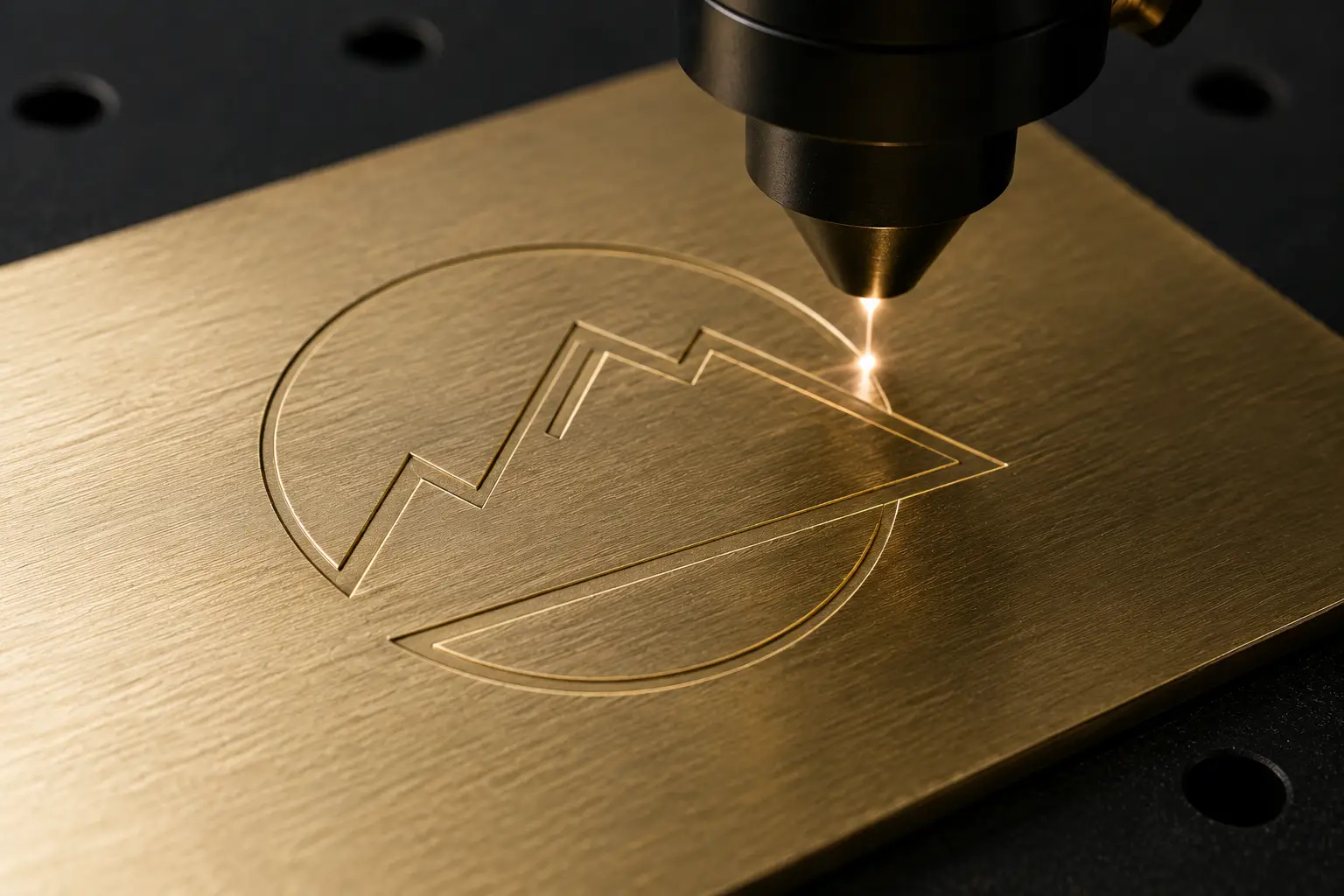A rotary engraver cutting single-line text into brass