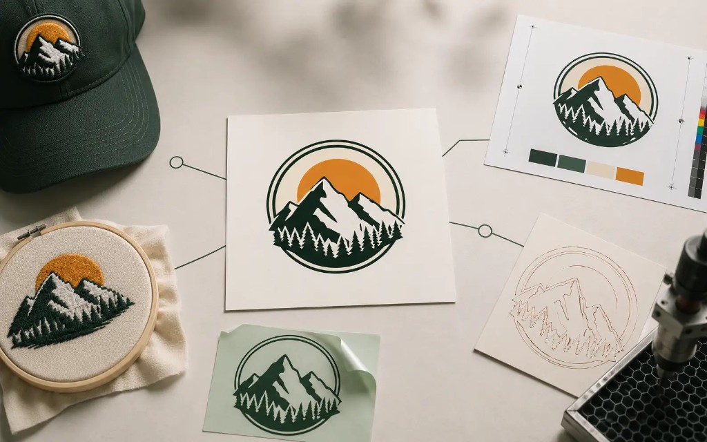 One logo shown across embroidery, print proof, laser engraving, vinyl decal, and stitch-out One logo shown across embroidery, print proof, laser engraving, vinyl decal, and stitch-out