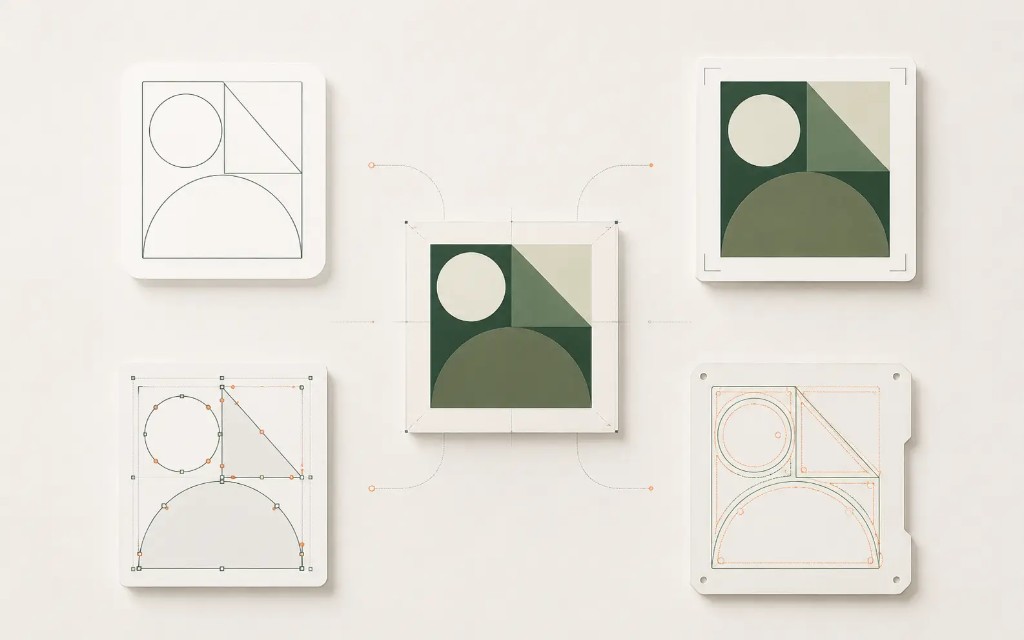 Five views of the same vector graphic: outline, print with crop marks, editable paths, and machine-ready technical art Five views of the same vector graphic: outline, print with crop marks, editable paths, and machine-ready technical art