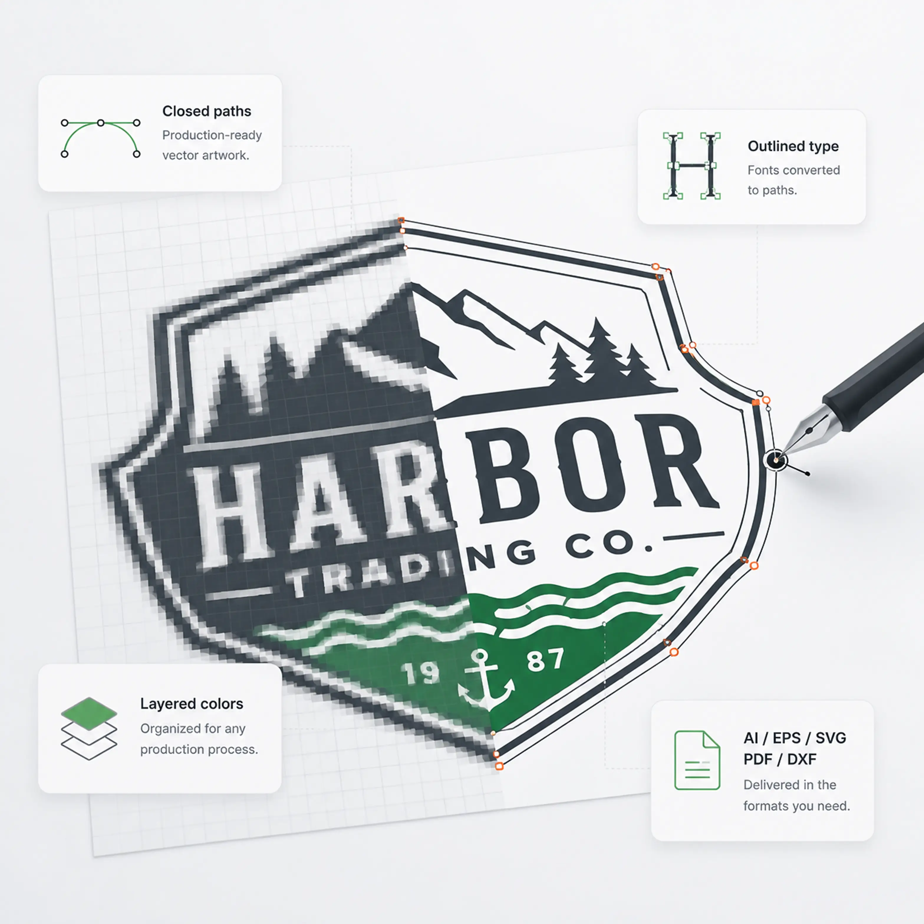Harbor Trading Co. logo redrawn from raster to vector — closed paths, outlined type, layered colors, and production file formats