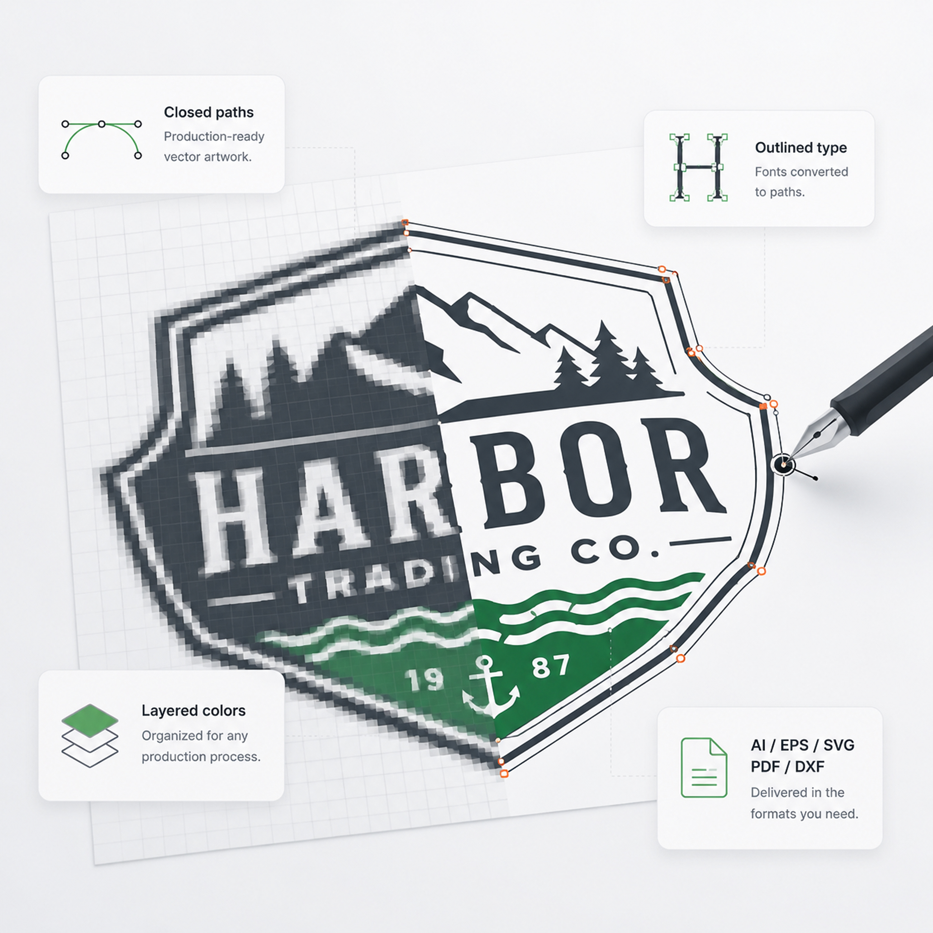 Harbor Trading Co. logo redrawn from raster to vector — closed paths, outlined type, layered colors, and production file formats