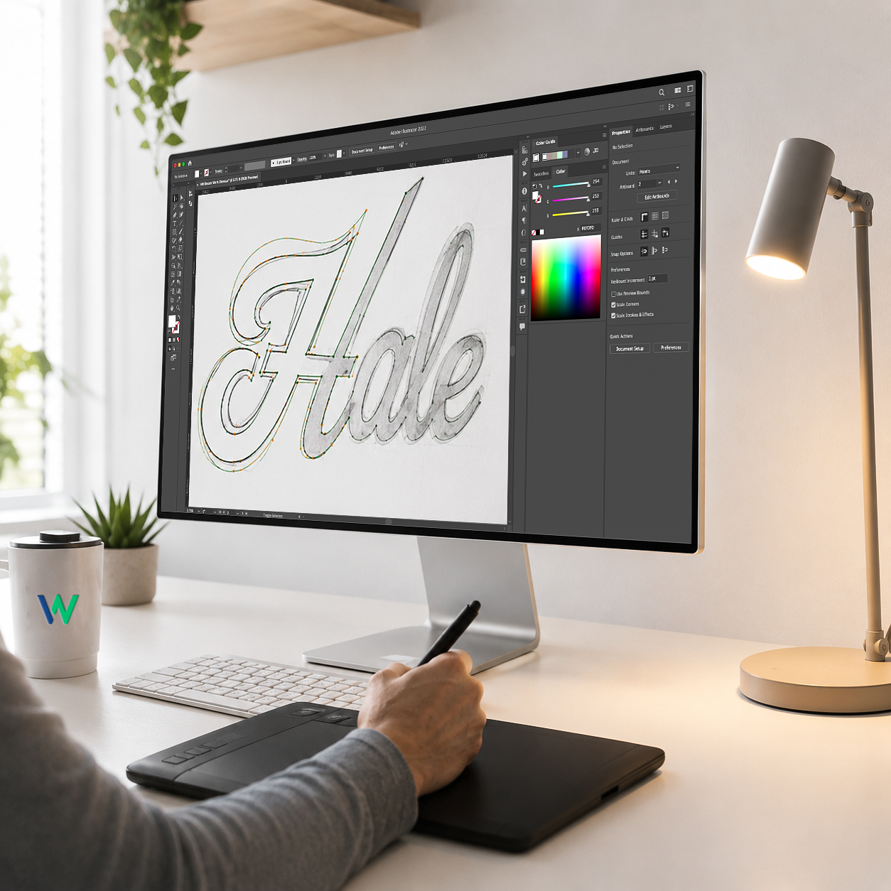 Designer at desk — reference art taped up, bezier curves on monitor