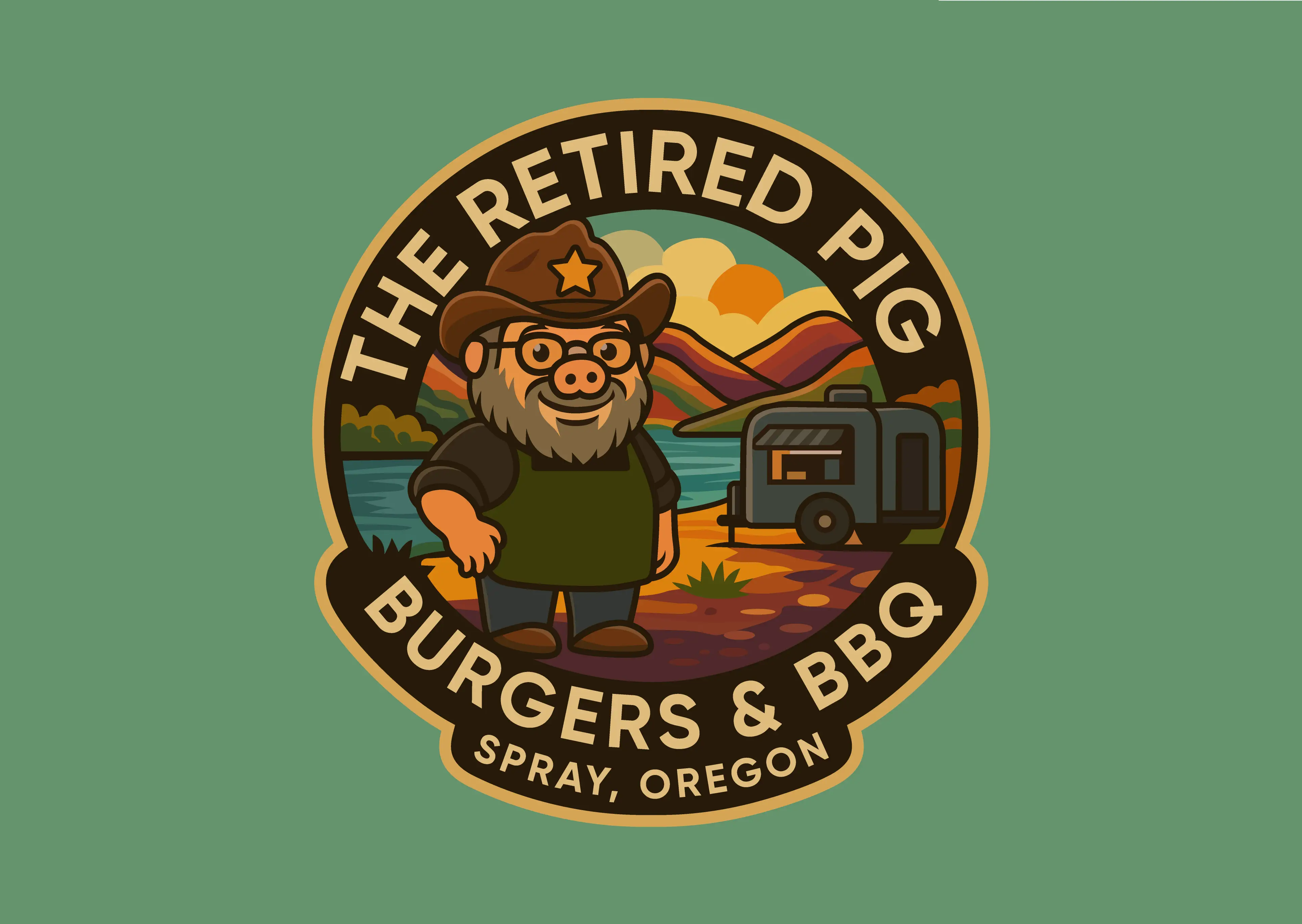 The Retired Pig Burgers & BBQ — mascot logo