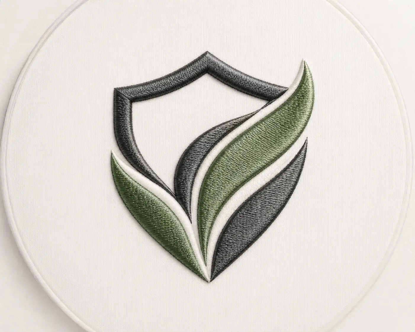 Embroidered shield logo with green and charcoal thread in an embroidery hoop