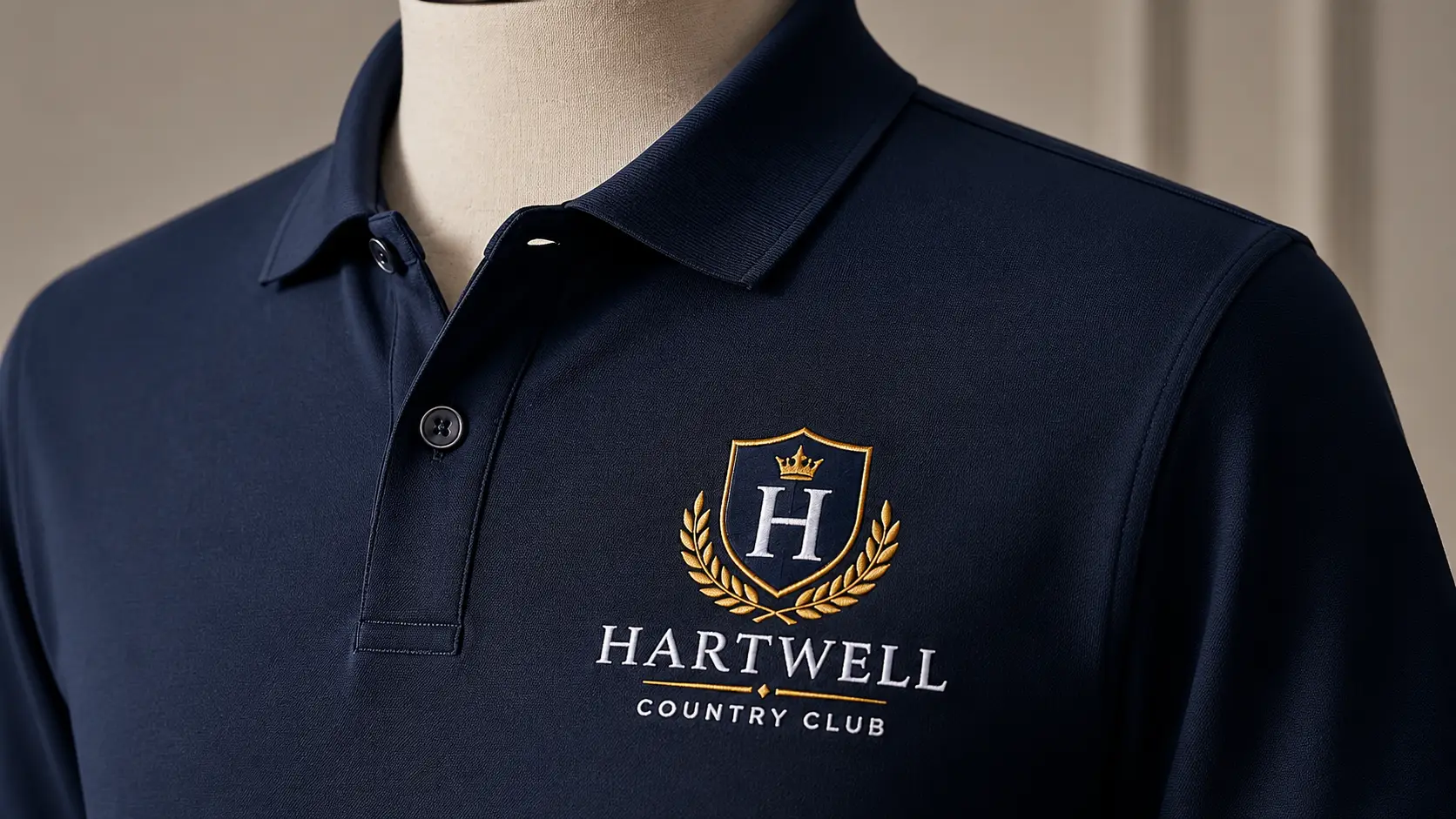 Hartwell Country Club logo embroidered on a navy polo shirt