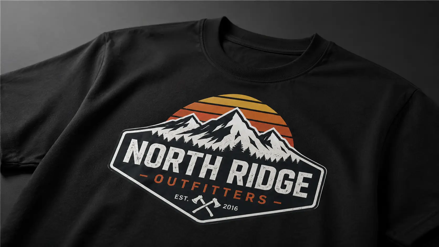 North Ridge Outfitters logo screen printed in plastisol on a black tee