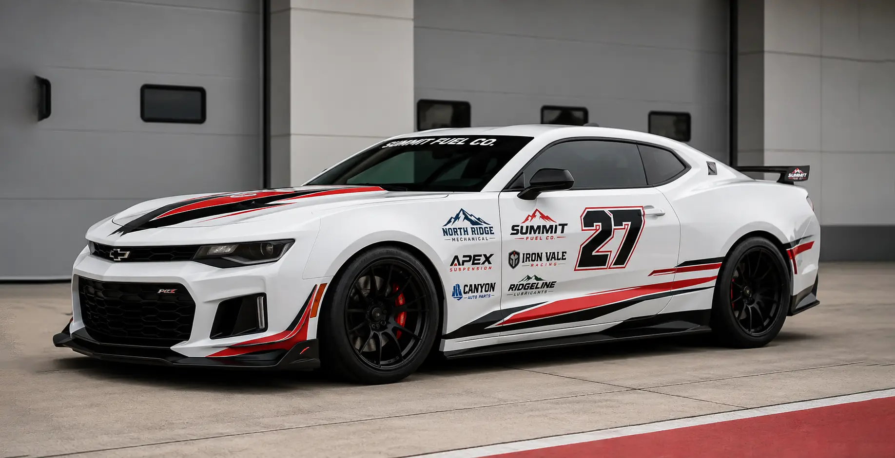 Chevrolet Camaro ZL1 com a decoração de corrida da Summit Fuel Co. e logótipos de patrocinadores aplicados