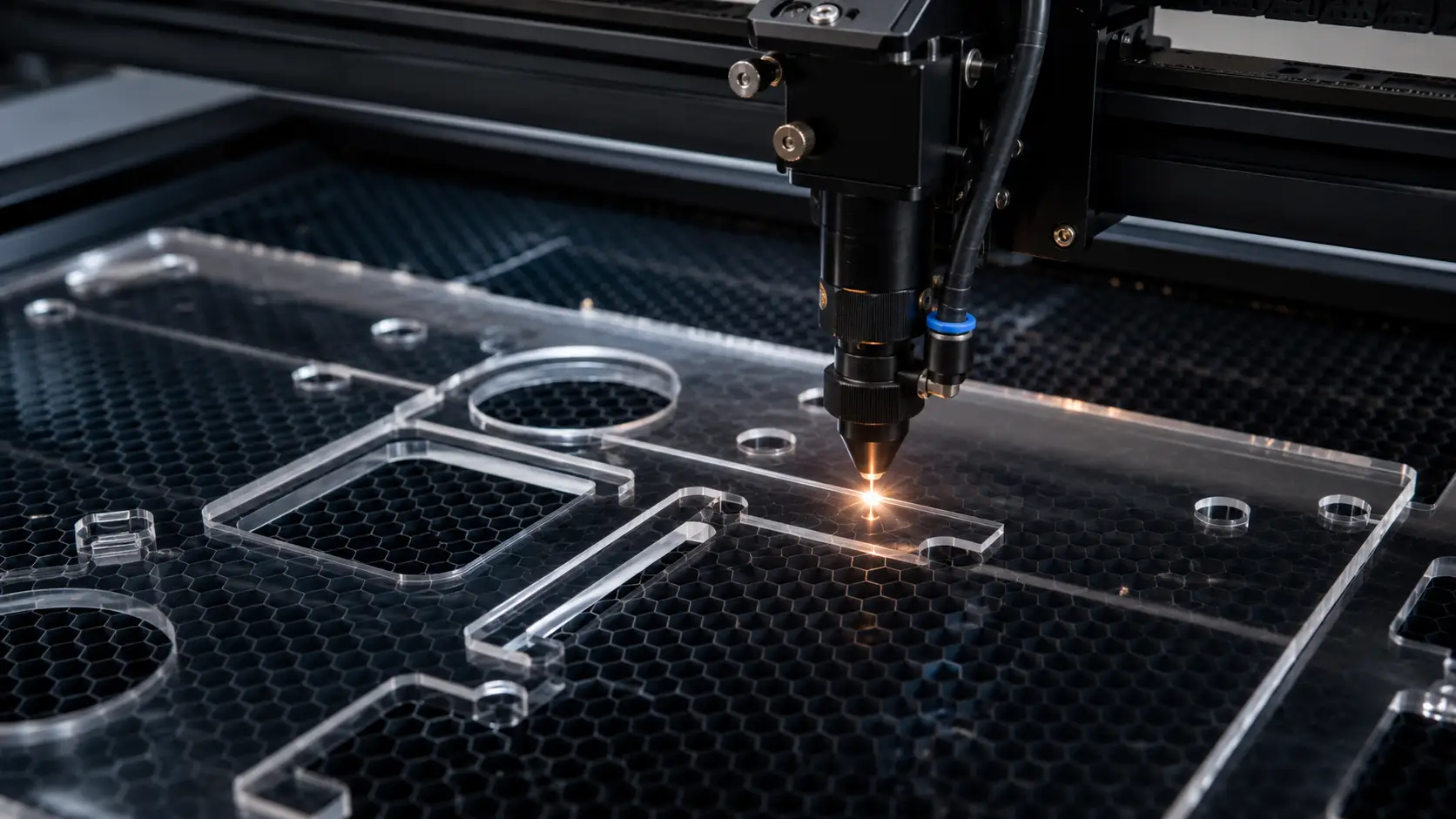 Laser CO₂ découpant de l'acrylique transparent sur un plateau nid d'abeille