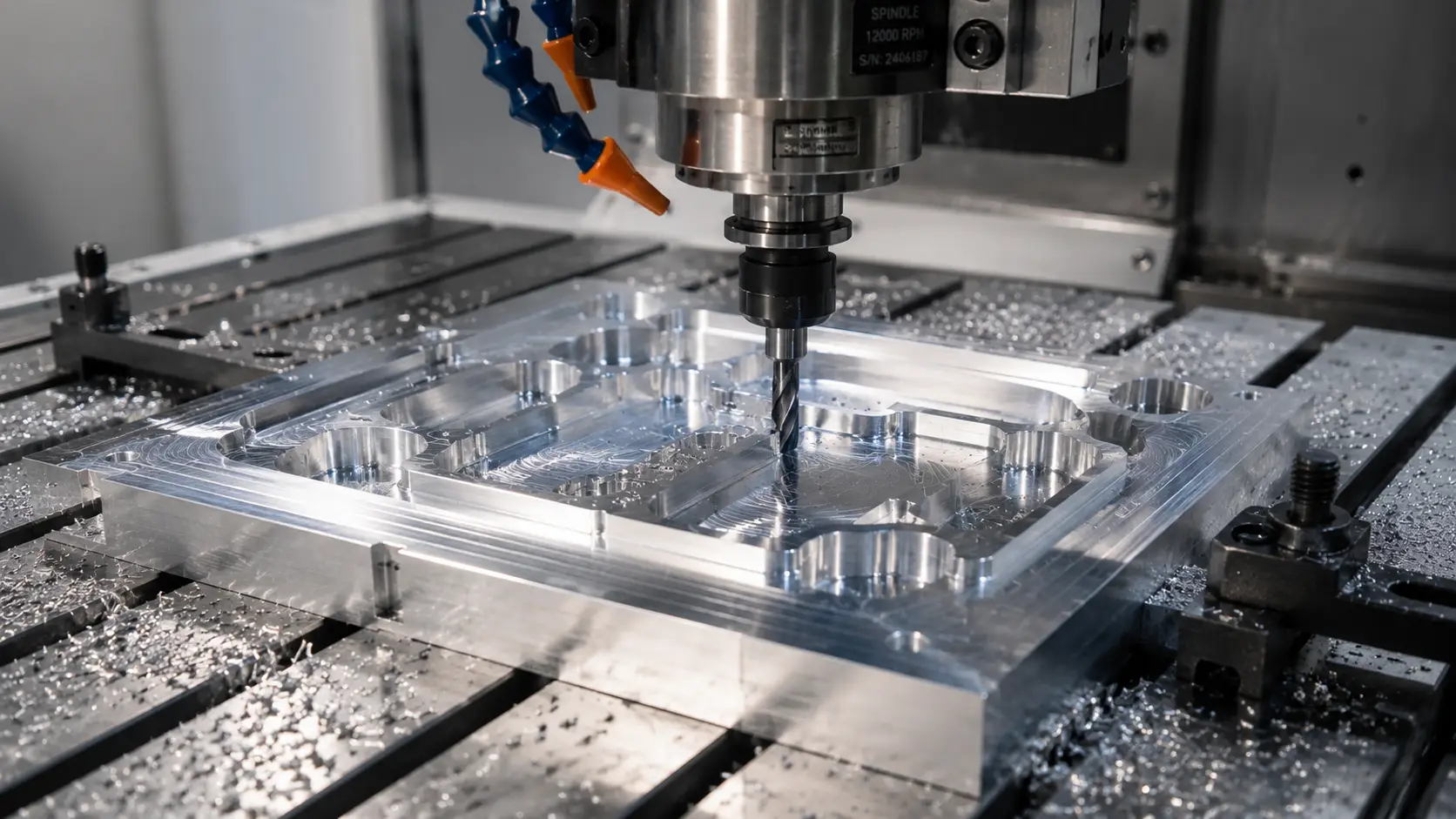 Fraiseuse CNC usinant des poches dans une ébauche en aluminium