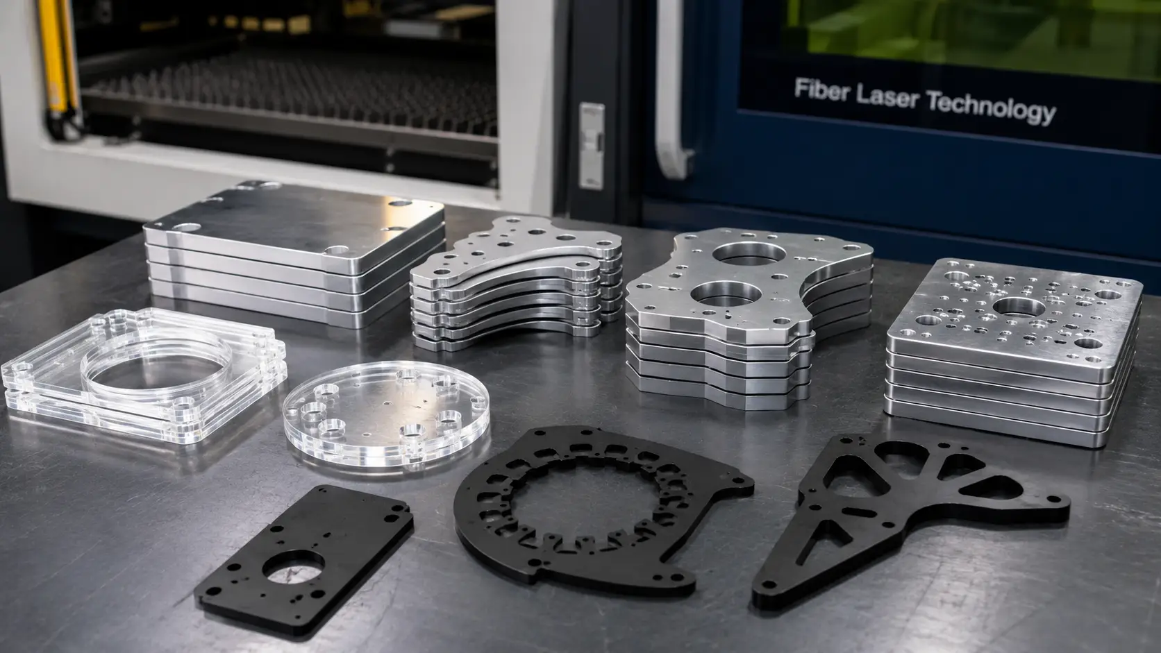 Pièces finies découpées au laser et usinées en CNC empilées sur un établi