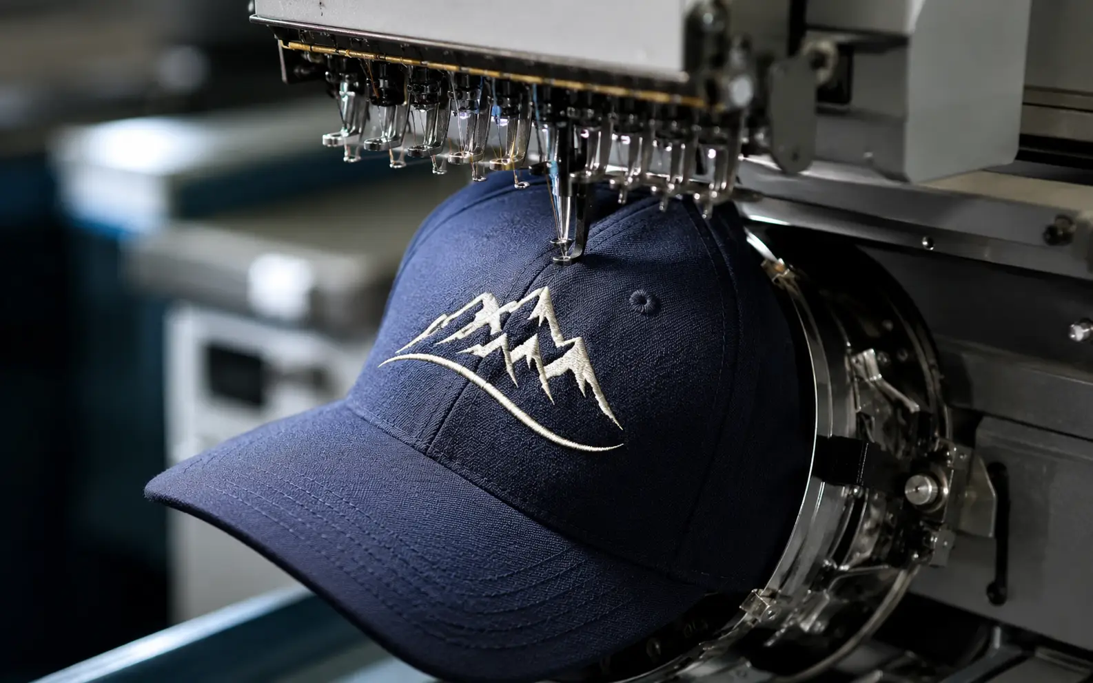 Navy cap on the embroidery hoop, machine mid-stitch on a mountain logo