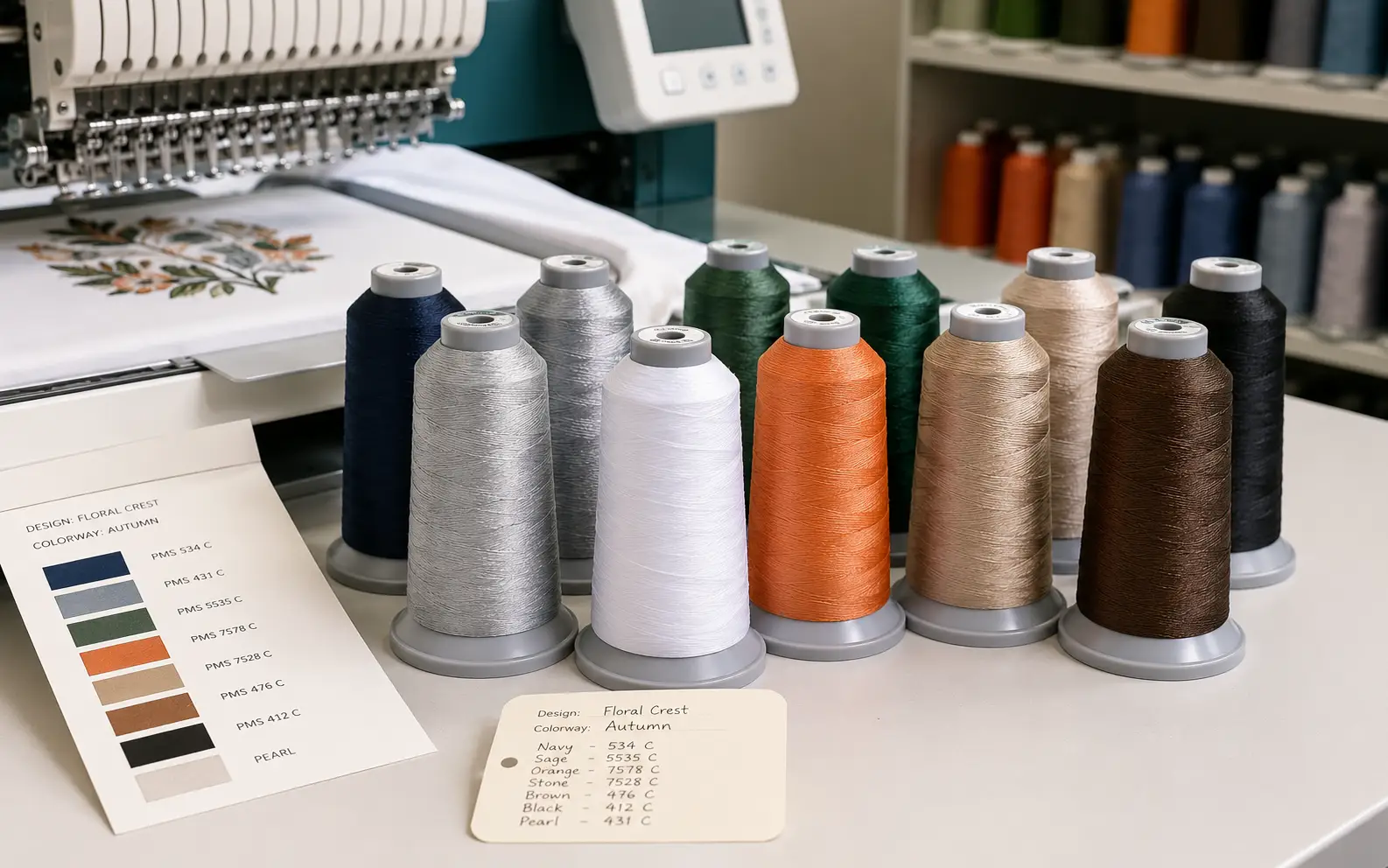 Thread spools color-matched to a Floral Crest design spec sheet