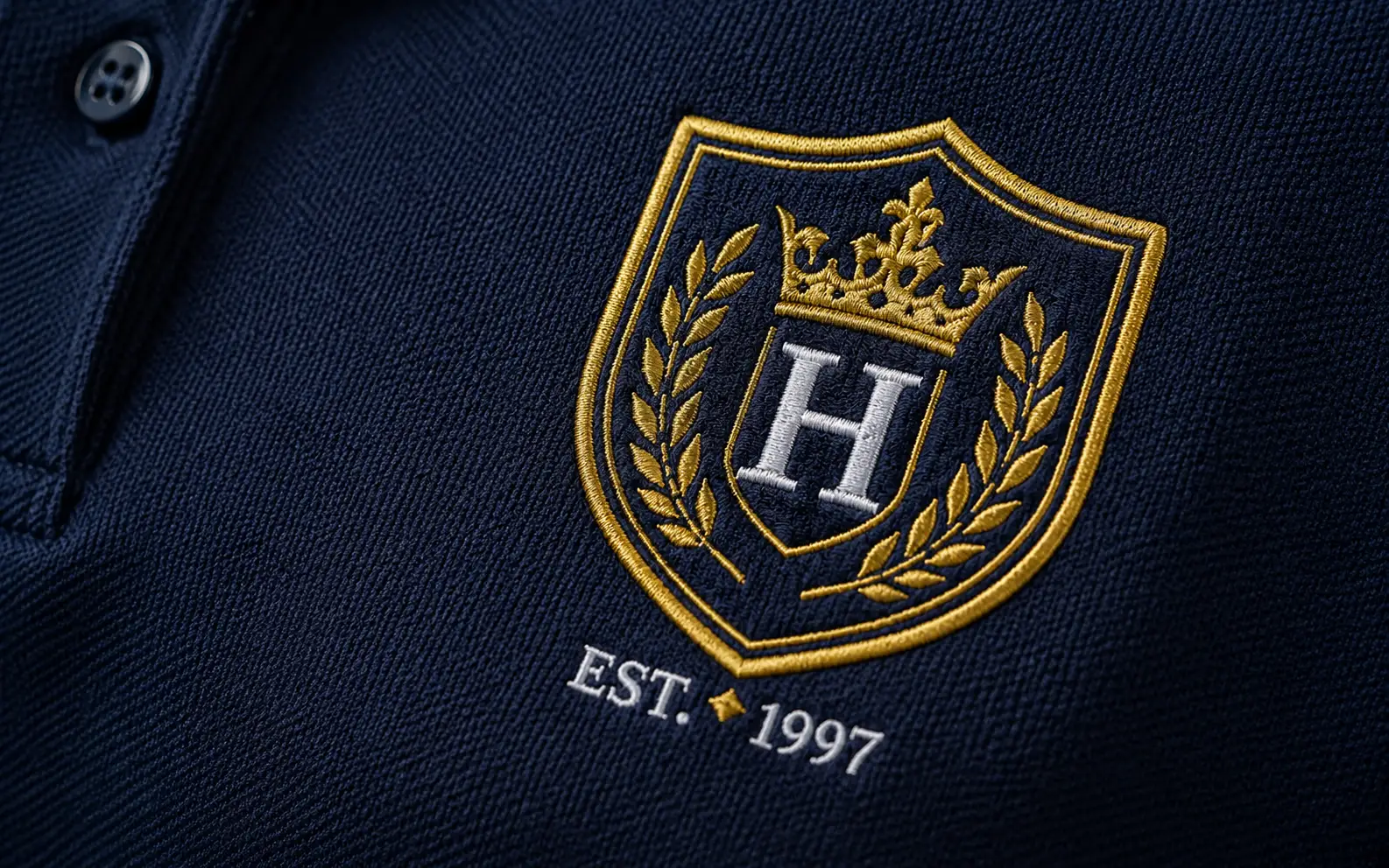 Finished embroidered heraldic crest close-up on a navy polo