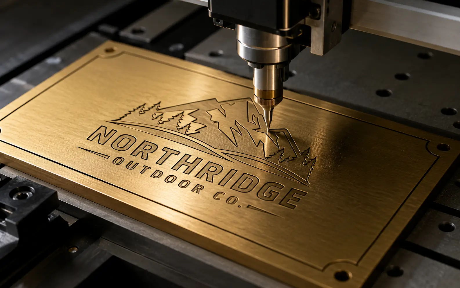 Graveuse CNC fraisant un logo de Northridge Outdoor Co. dans une plaque en laiton