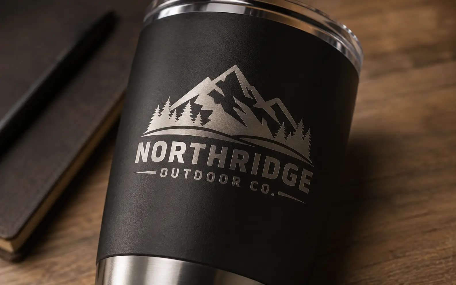 Logo de Northridge Outdoor Co. gravé au laser sur un gobelet isotherme noir