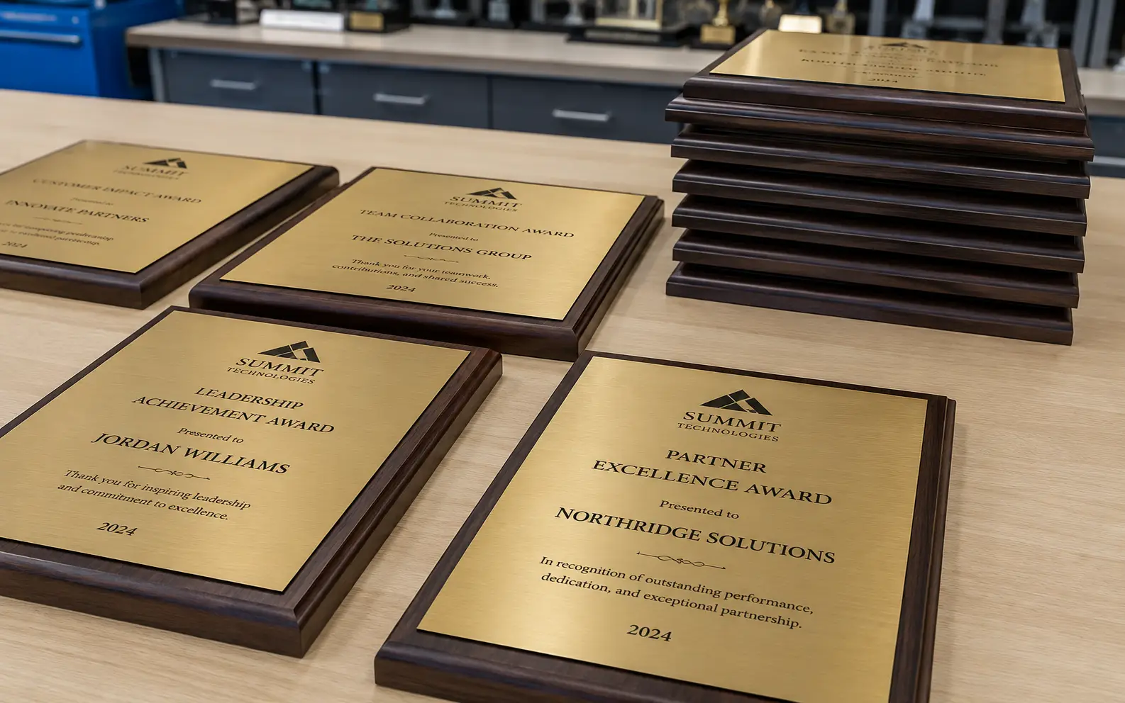 Plaques de trophée Summit Technologies terminées empilées sur un établi