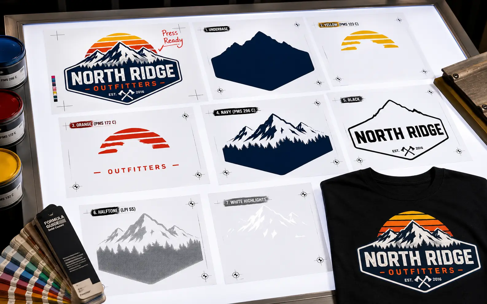 North Ridge Outfitters color separations laid out on a light table