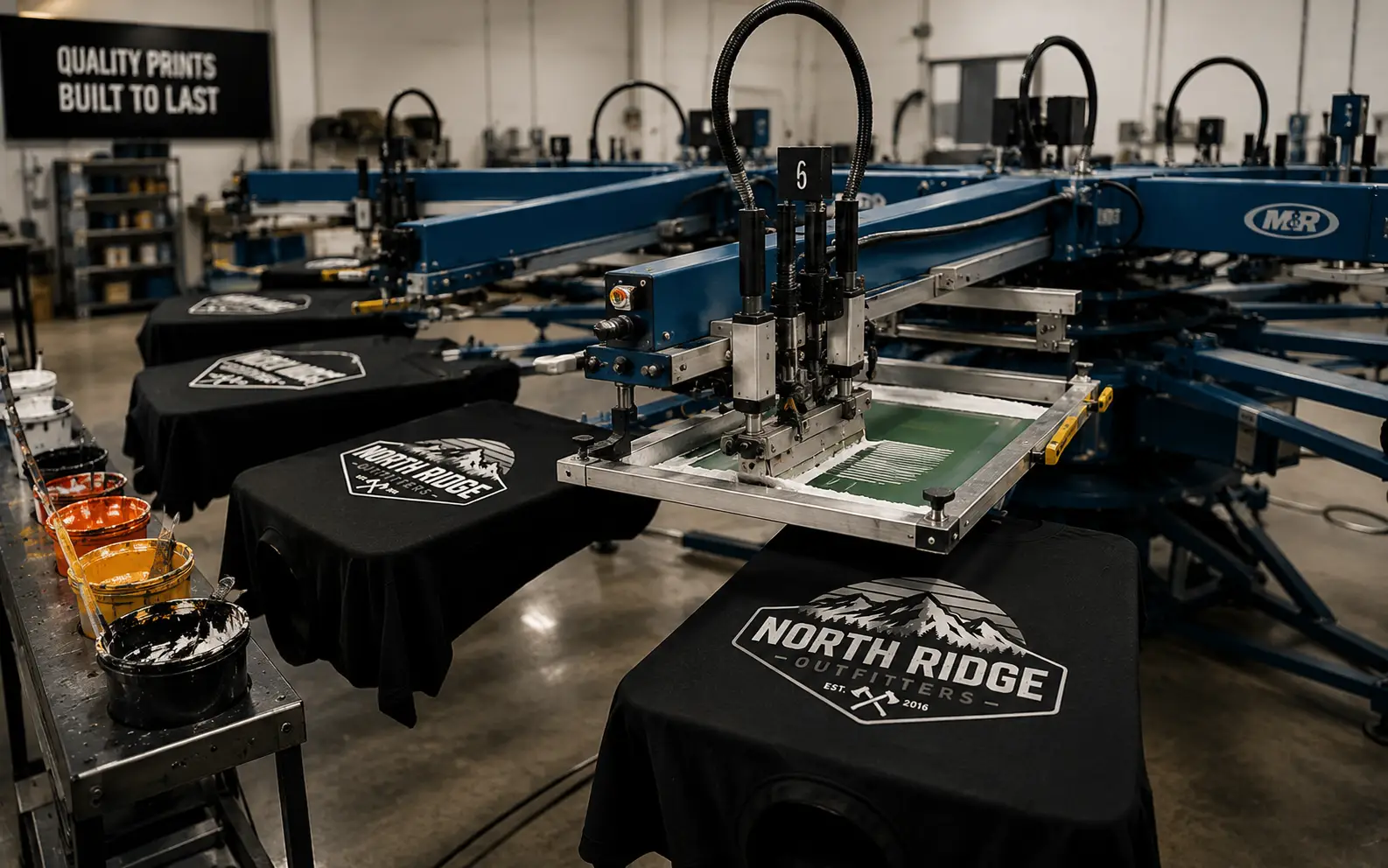 Automatic screen printing press running North Ridge Outfitters tees