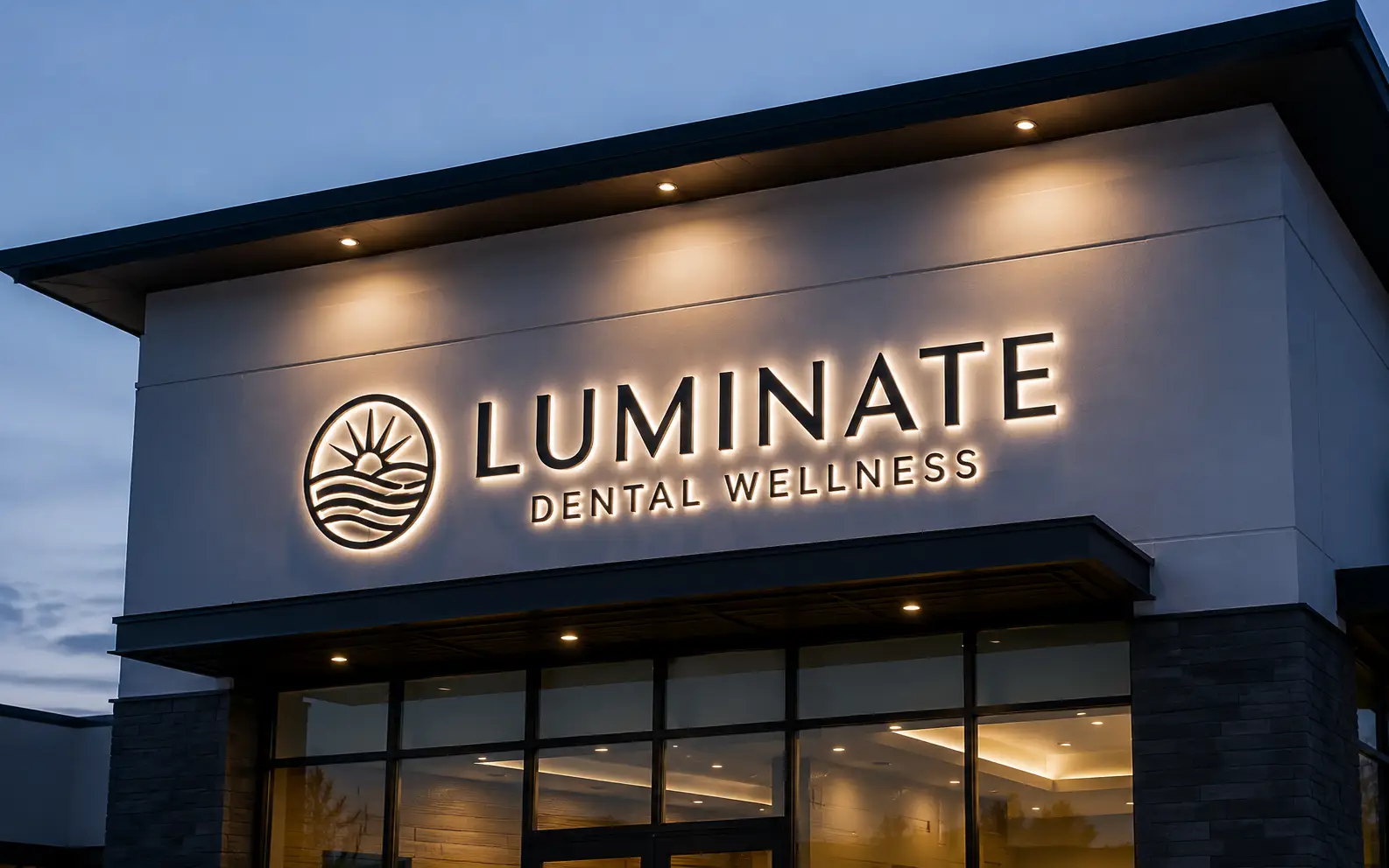 Halo-lit Luminate Dental Wellness channel letters on a storefront at dusk