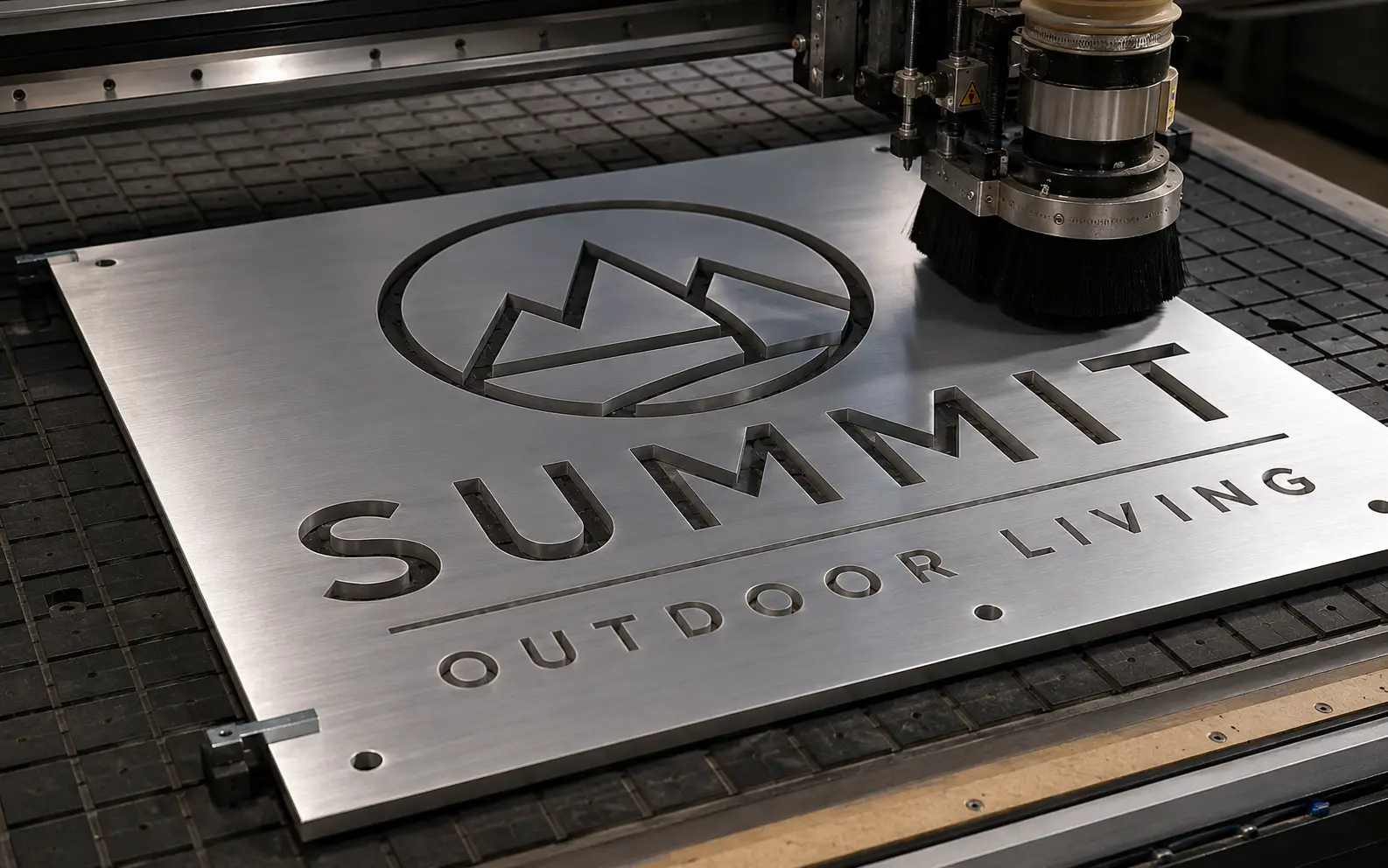 Summit Outdoor Living logo routed on an aluminum panel on a CNC bed