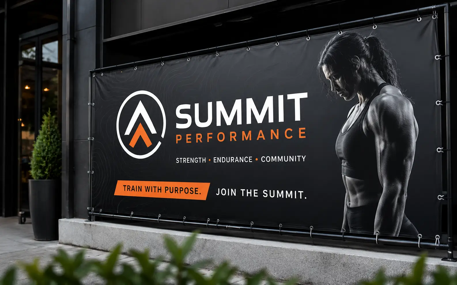 Summit Performance wide-format event banner on an outdoor frame