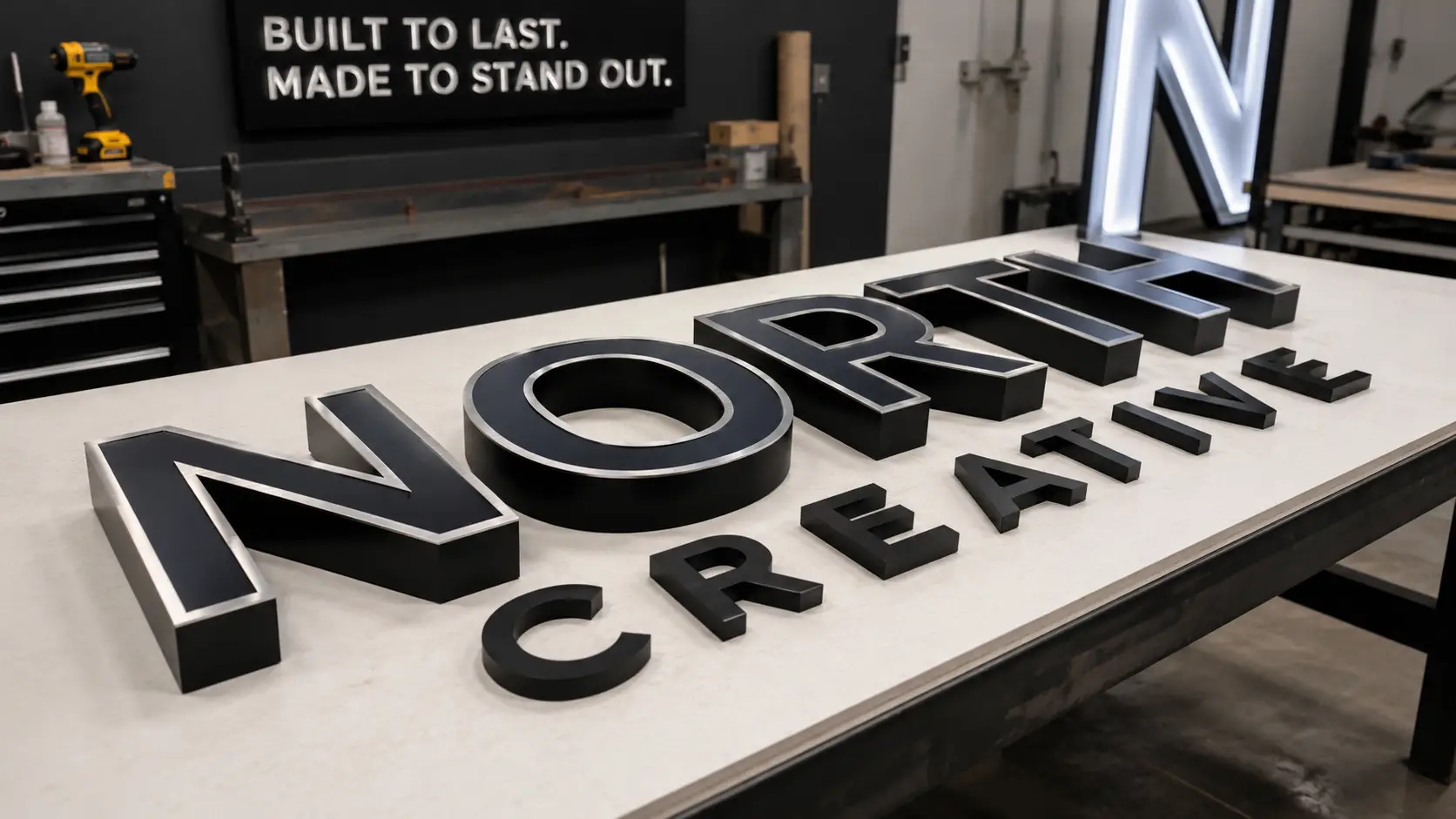 Letras em caixa montadas na bancada de fabrico com as laterais visíveis