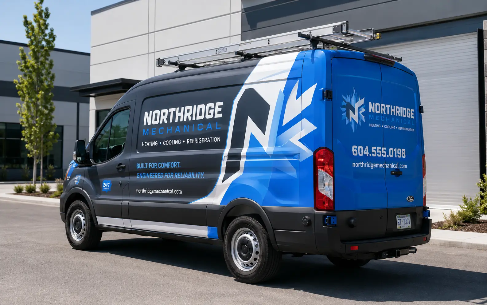 Ford Transit da Northridge Mechanical com envelopamento de frota completo cinzento e azul