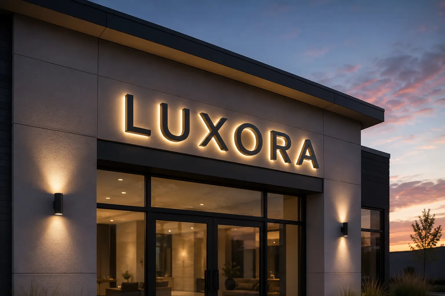Installed channel letters glowing on a storefront at dusk