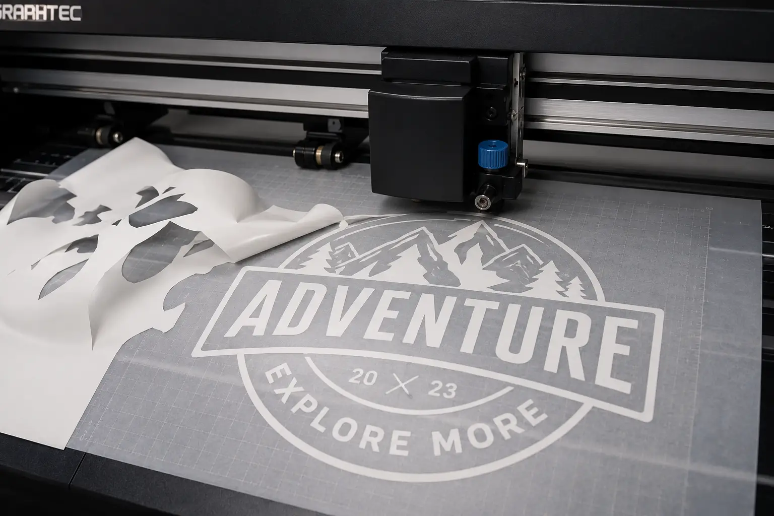 Plotter blade cutting a weeded vinyl decal