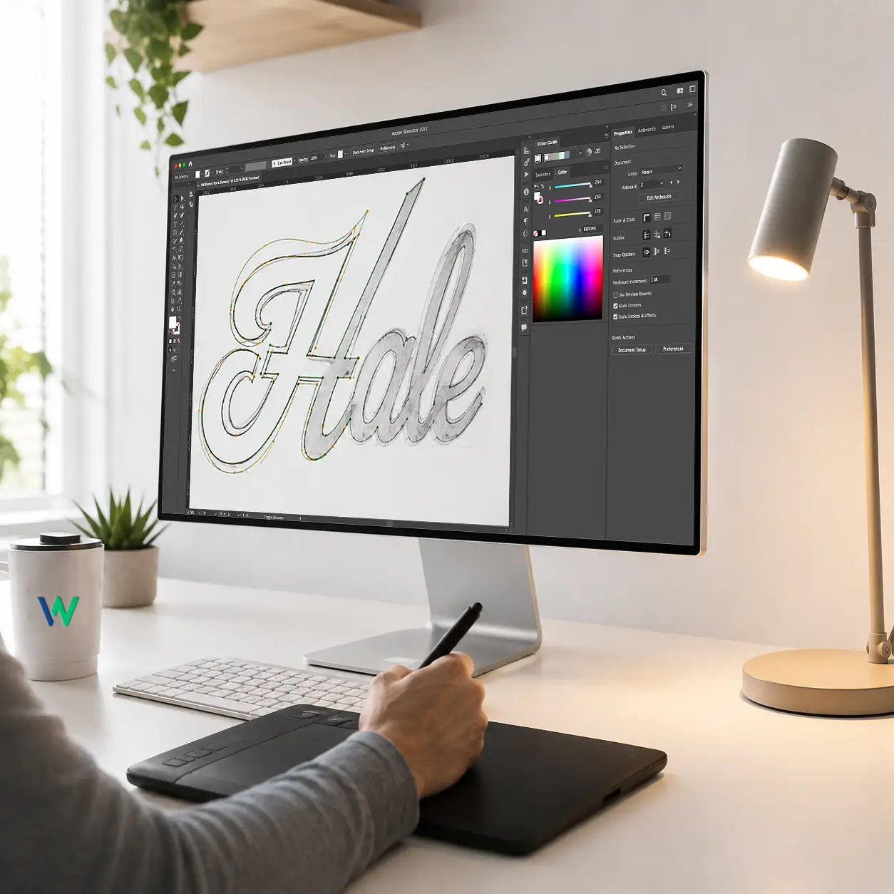 Designer at desk — reference art taped up, bezier curves on monitor
